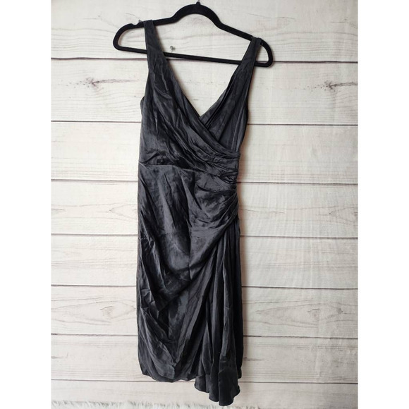 Maggy London‎ Womens Sheath Dress Black Surplice Sleeveless 100% Silk Satin 4 - Picture 1 of 6
